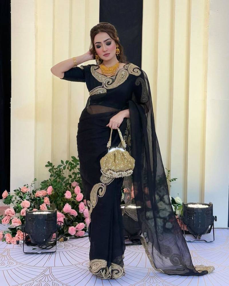 Black silk blend saree with heavy gold scalloped embroidery