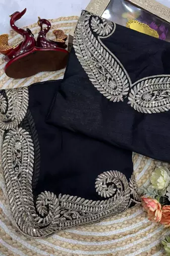 Black silk blend saree with heavy gold scalloped embroidery
