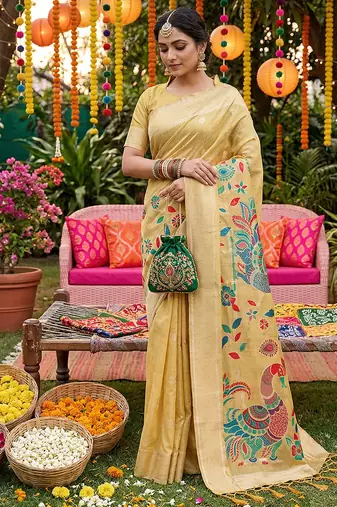 Yellow linen cotton graceful ethnic saree
