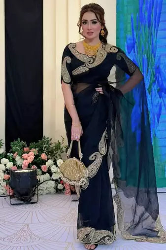Black silk blend saree with heavy gold scalloped embroidery