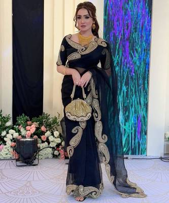Black silk blend saree with heavy gold scalloped embroidery 4