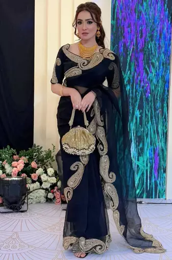 Black silk blend saree with heavy gold scalloped embroidery