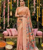 Peach color beautiful linen cotton graceful ethnic saree