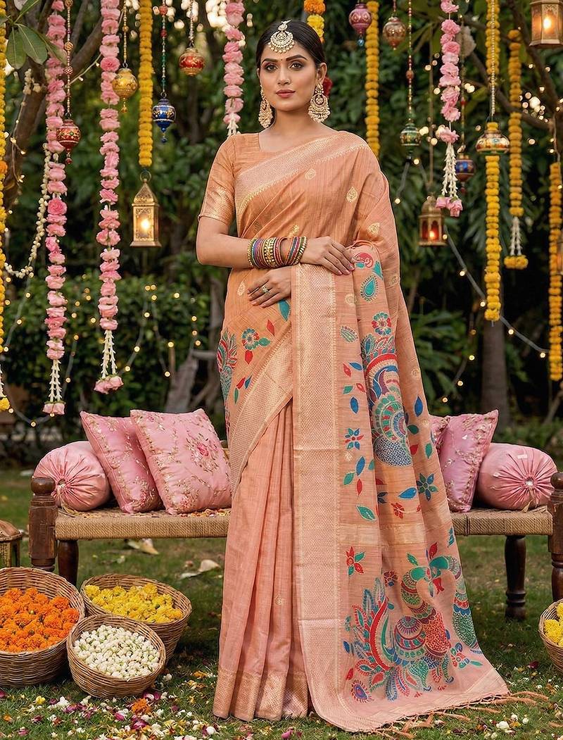Peach color beautiful linen cotton graceful ethnic saree