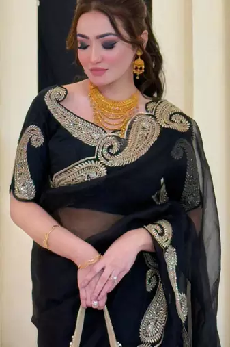 Black silk blend saree with heavy gold scalloped embroidery