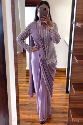 Lavender silk blend saree set with embroidered jacket blouse