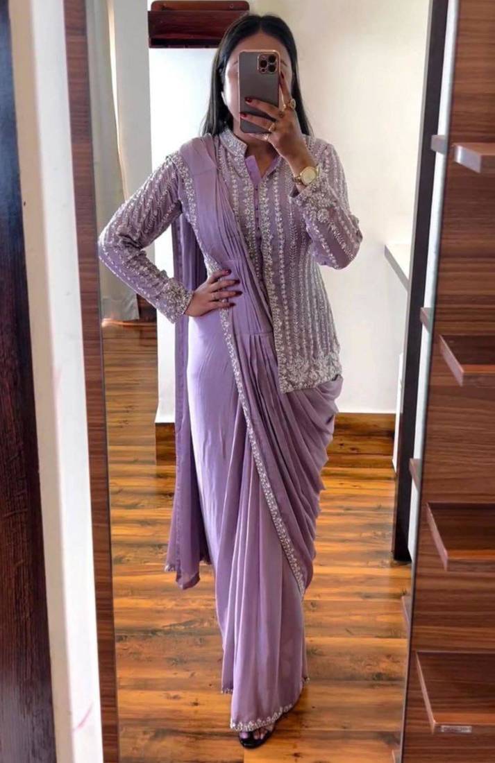 Lavender silk blend saree set with embroidered jacket blouse
