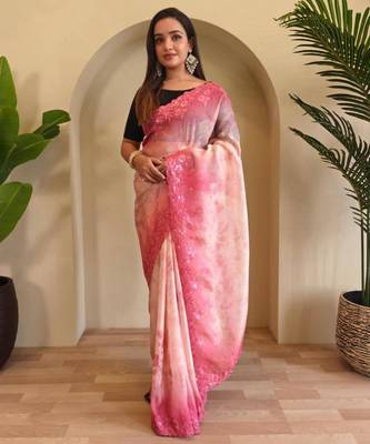 Pink viscose embroidered saree 1