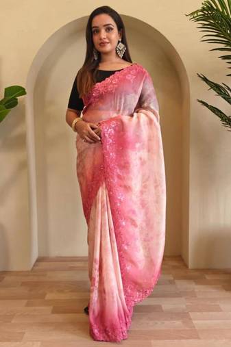 Pink viscose embroidered saree
