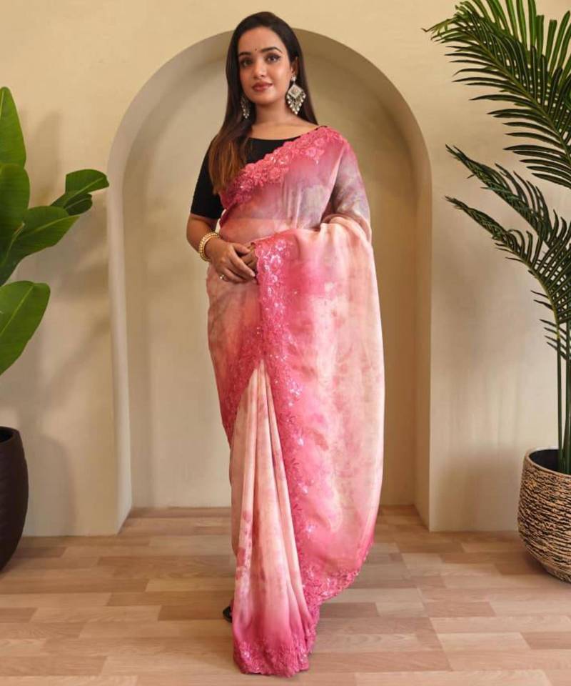Pink viscose embroidered saree