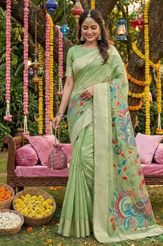 Green linen cotton graceful ethnic saree