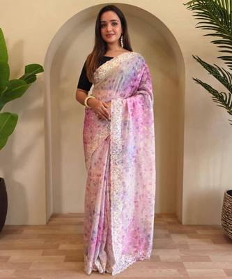 Light purple viscose embroidered saree 1