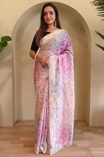 Light purple viscose embroidered saree