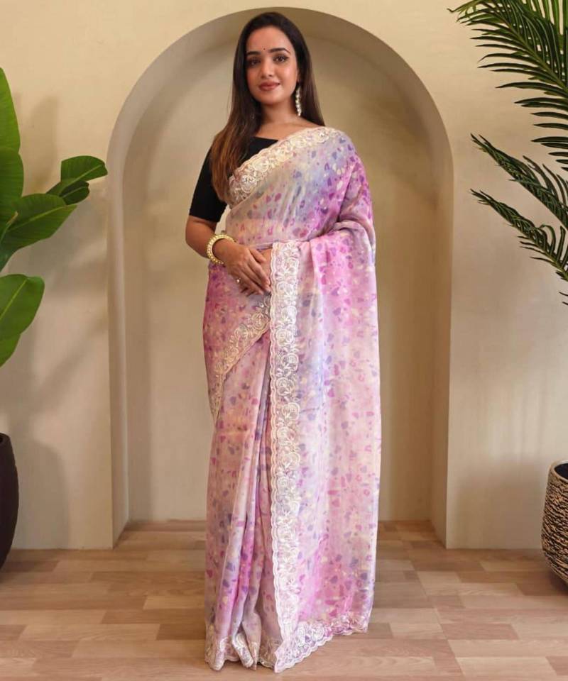 Light purple viscose embroidered saree