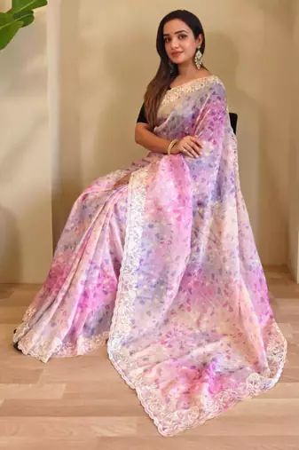 Light purple viscose embroidered saree