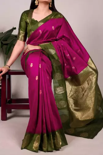Magenta |printed poly cotton saree with olive green zari border