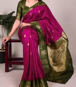 Magenta |printed poly cotton saree with olive green zari border