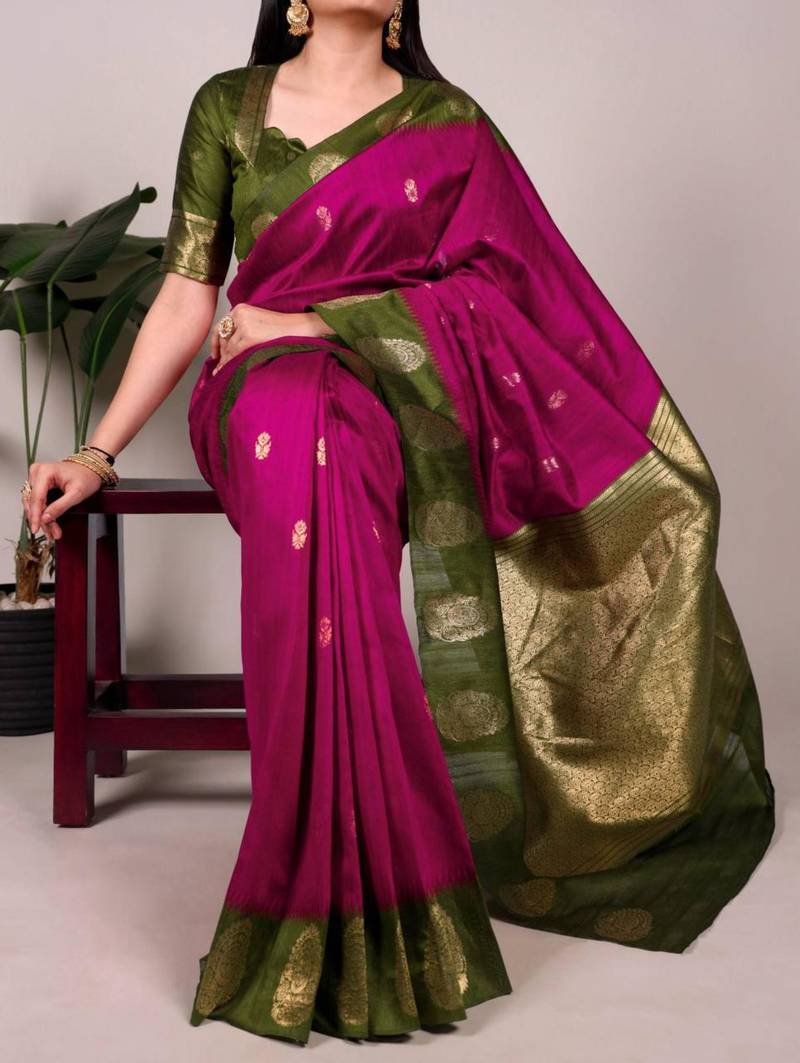 Magenta |printed poly cotton saree with olive green zari border