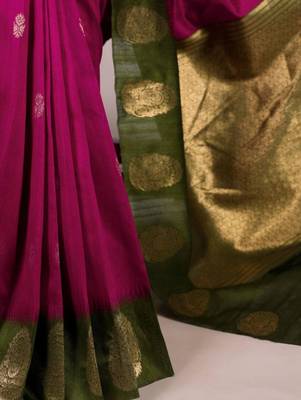 Magenta |printed poly cotton saree with olive green zari border 2
