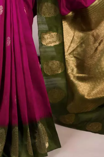 Magenta |printed poly cotton saree with olive green zari border