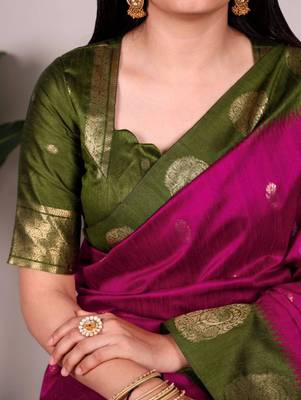 Magenta |printed poly cotton saree with olive green zari border 3