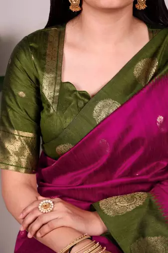 Magenta |printed poly cotton saree with olive green zari border