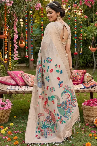 Cream linen cotton graceful ethnic saree