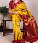 Yellow printed poly cotton saree with red zari border