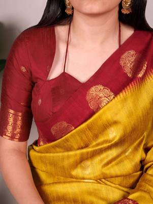 Yellow printed poly cotton saree with red zari border 2