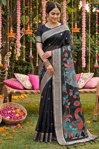 Black color beautiful linen cotton graceful ethnic saree