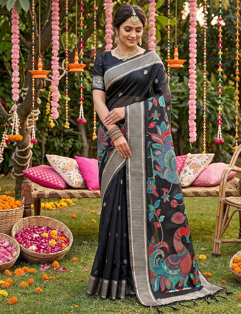 Black color beautiful linen cotton graceful ethnic saree
