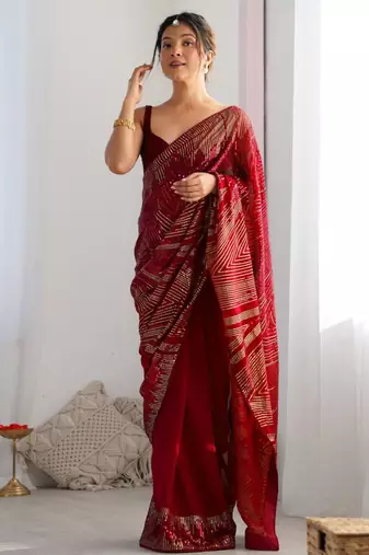 Red georgette saree with contemporary linear sequin embroidery