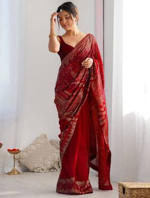 Red georgette saree with contemporary linear sequin embroidery 1
