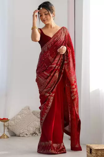 Red georgette saree with contemporary linear sequin embroidery