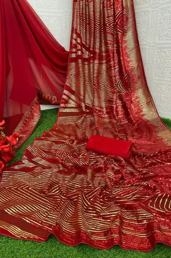 Red georgette saree with contemporary linear sequin embroidery