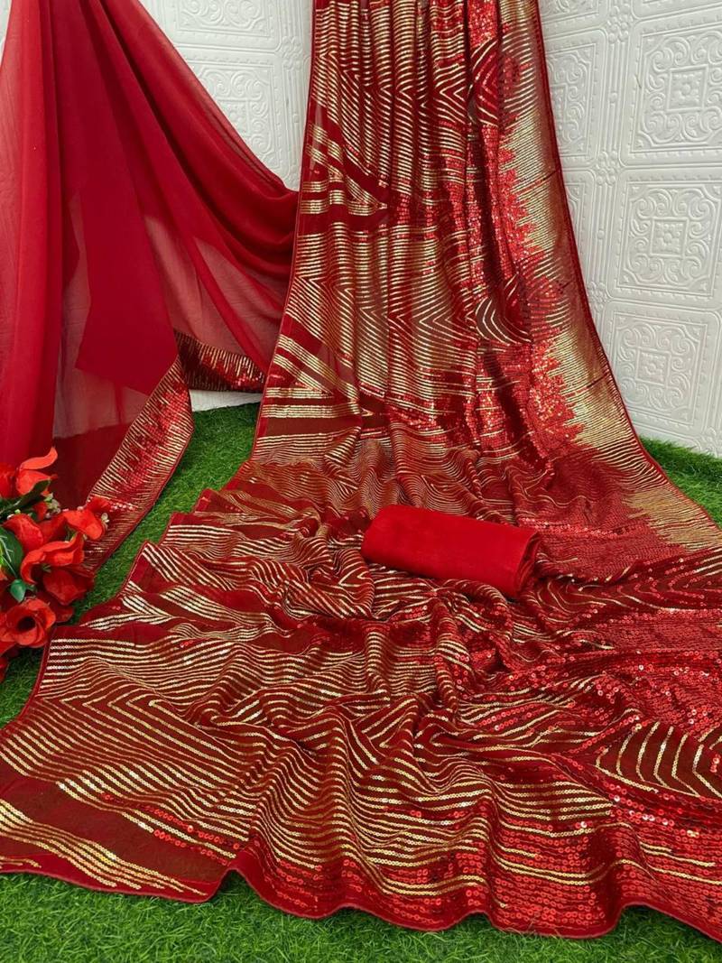 Red georgette saree with contemporary linear sequin embroidery