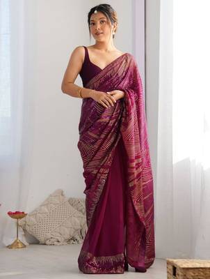 Purple georgette saree with contemporary linear sequin embroidery 1