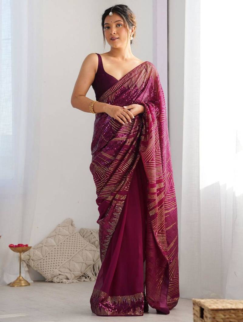 Purple georgette saree with contemporary linear sequin embroidery