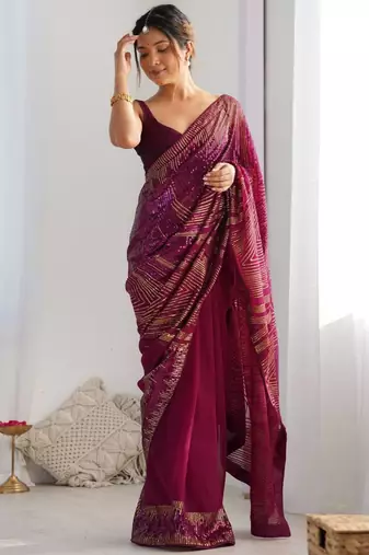 Purple georgette saree with contemporary linear sequin embroidery