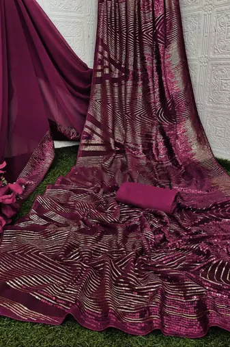 Purple georgette saree with contemporary linear sequin embroidery