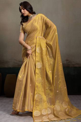 Beige color tissue silk fabric woven designer partywear saree