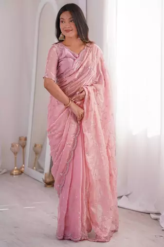 Pink embroidered silk blend saree