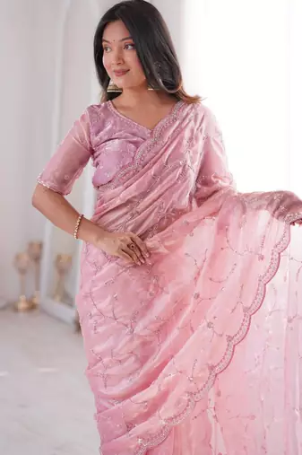 Pink embroidered silk blend saree