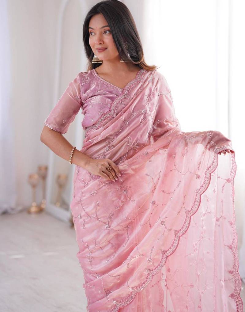 Pink embroidered silk blend saree