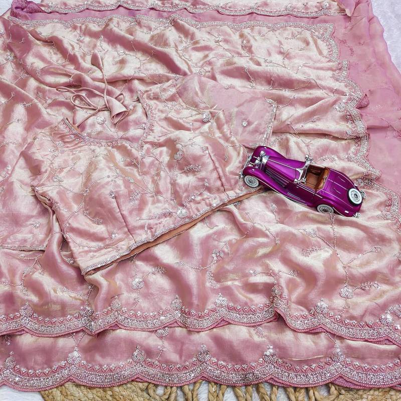 Pink embroidered silk blend saree