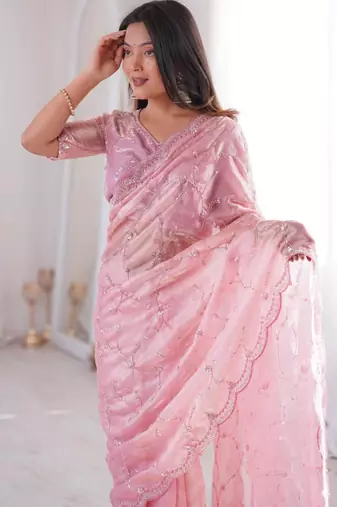Pink embroidered silk blend saree