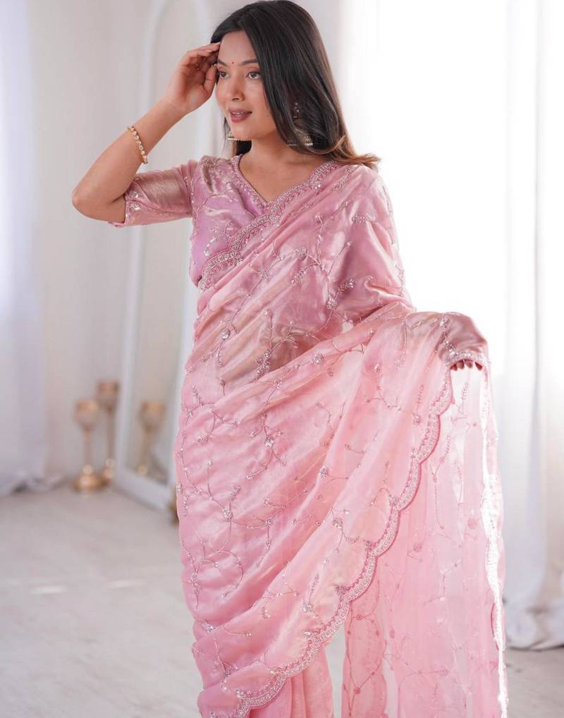 Pink embroidered silk blend saree