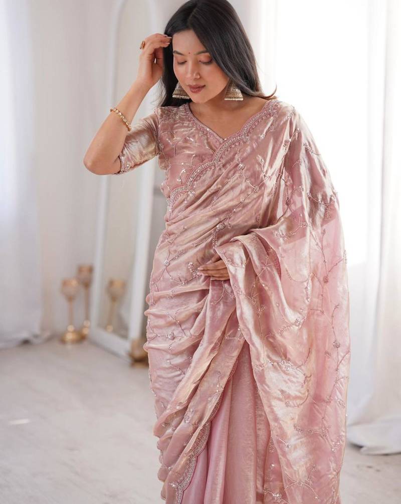 Pink embroidered silk blend saree