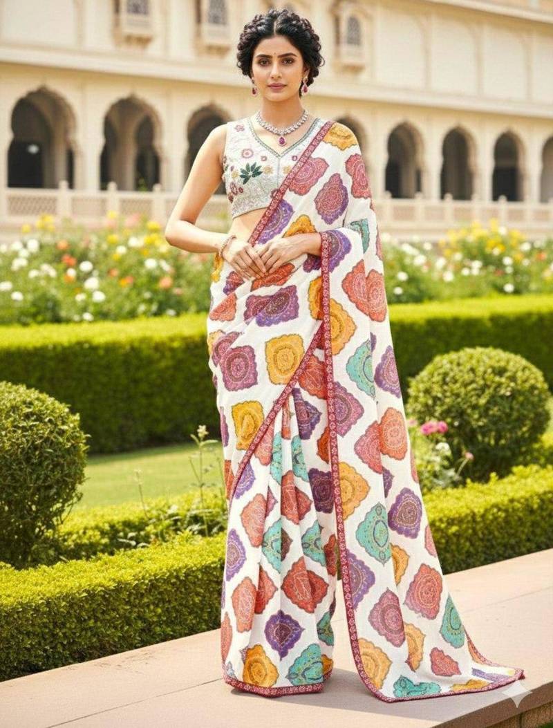 Multicolor printed saree with colorful geometric motifs and floral blouse