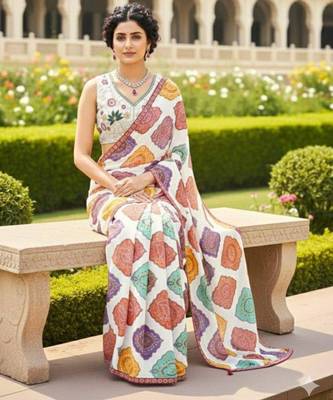 Multicolor printed saree with colorful geometric motifs and floral blouse 2